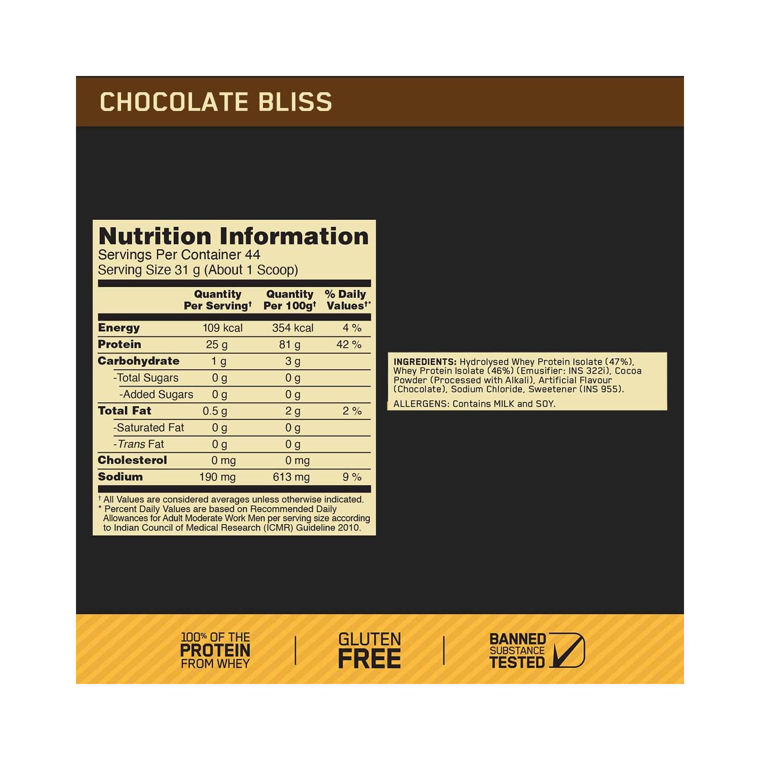 Optimum Nutrition Gold Standard 100% Isolate Whey Protein Chocolate Bliss / 3lbs