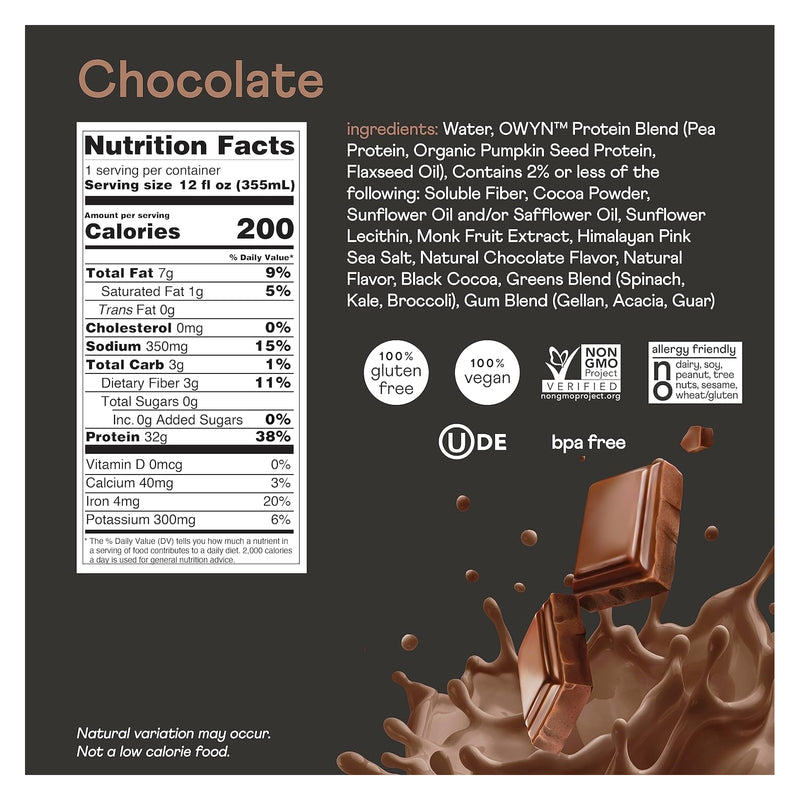 OWYN Plant-based Sugar Free ELITE Protein Shake Chocolate / 12 units x 12oz