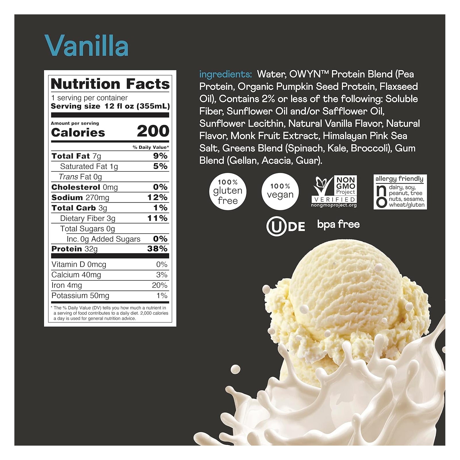 OWYN Plant-based Sugar Free ELITE Protein Shake Vanilla / 12oz
