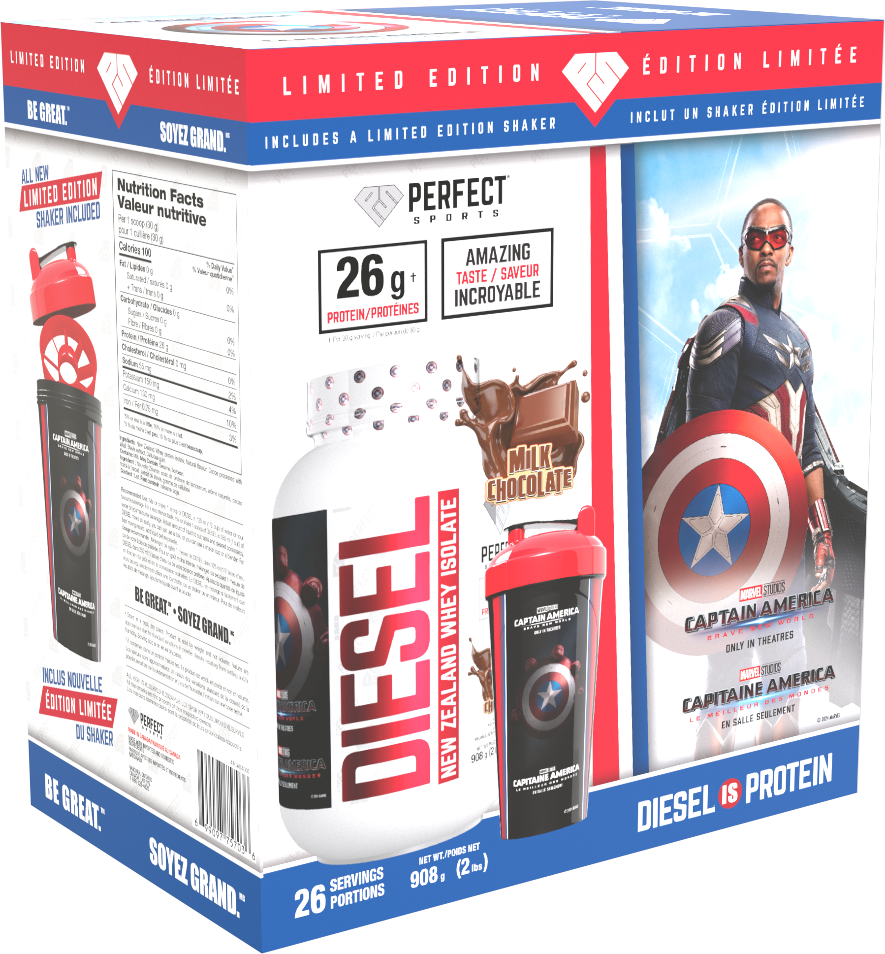 Perfect Sports Captain America Chocolate Diesel 2LB + Captain America 700ml Shaker Black with Red Lid Box Set - - Protein Powder