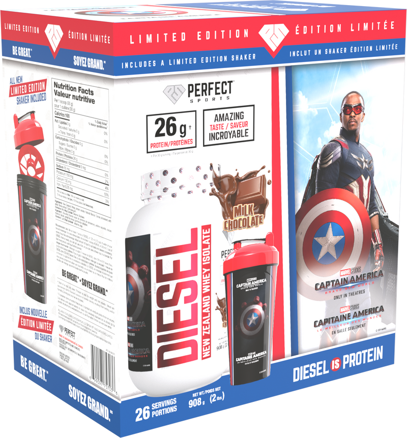 Perfect Sports Captain America Chocolate Diesel 2LB + Captain America 700ml Shaker Black with Red Lid Box Set - - Protein Powder