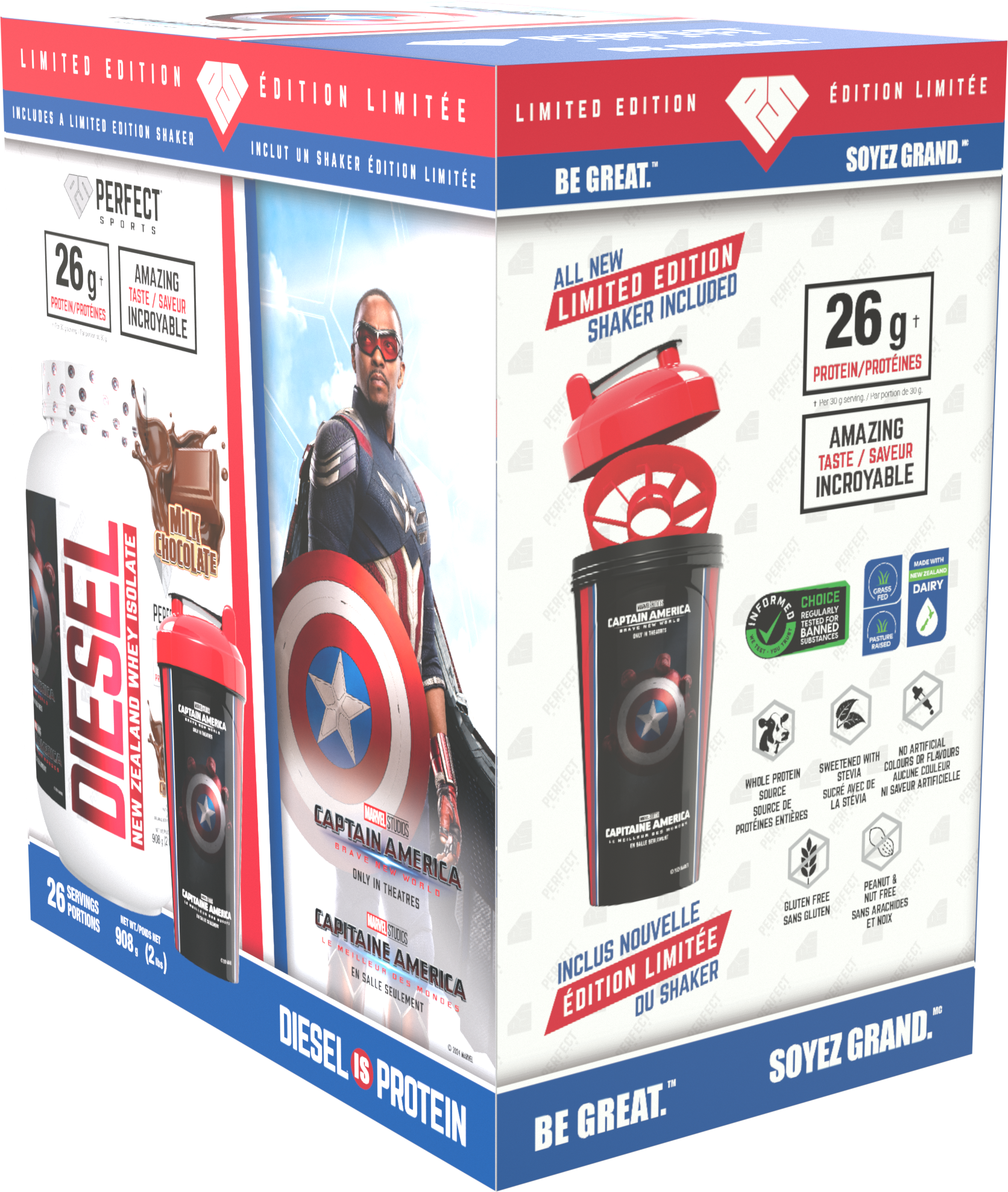 Perfect Sports Captain America Chocolate Diesel 2LB + Captain America 700ml Shaker Black with Red Lid Box Set - - Protein Powder