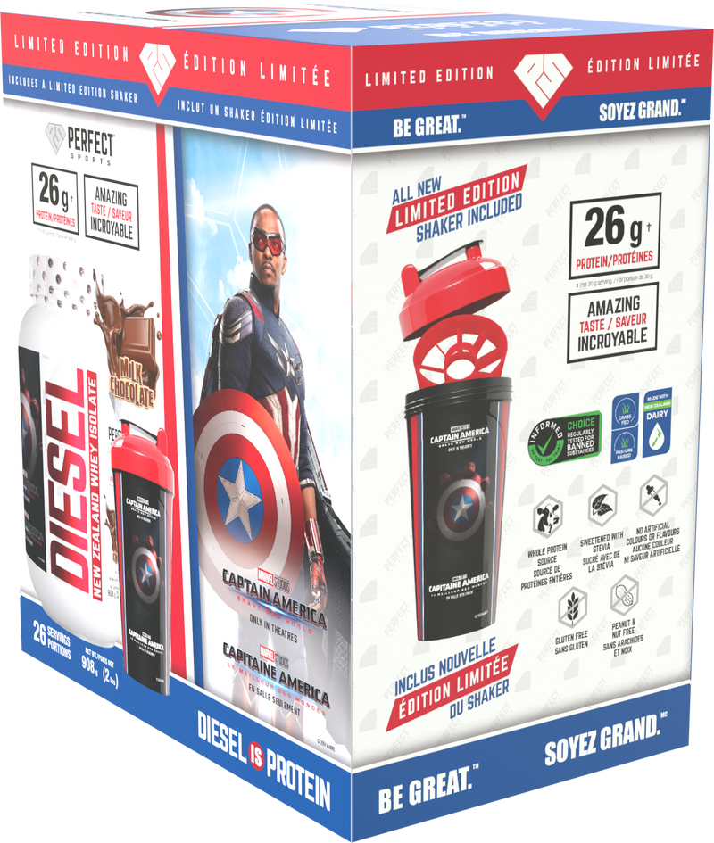 Perfect Sports Captain America Chocolate Diesel 2LB + Captain America 700ml Shaker Black with Red Lid Box Set - - Protein Powder