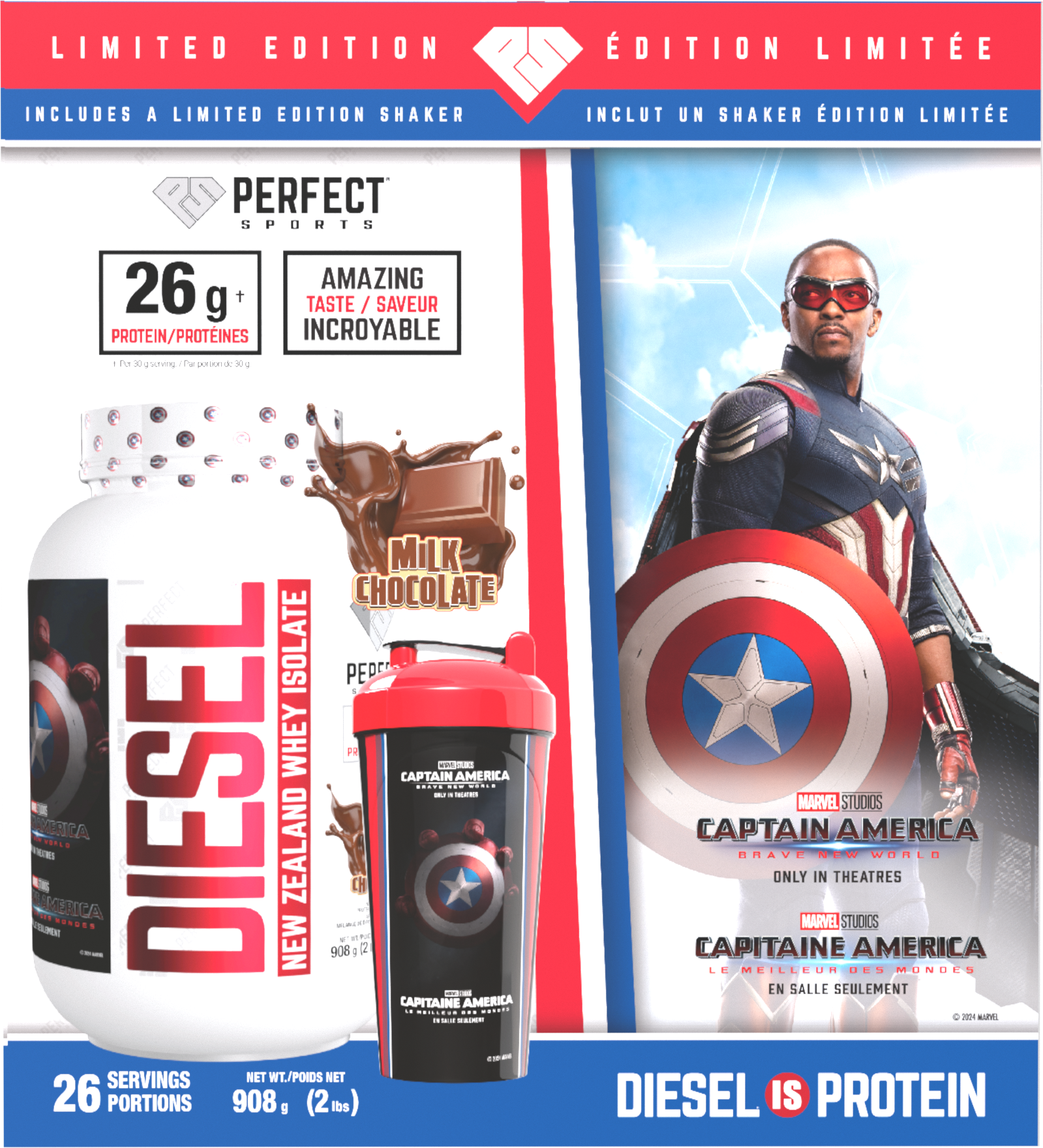 Perfect Sports Captain America Chocolate Diesel 2LB + Captain America 700ml Shaker Black with Red Lid Box Set - - Protein Powder