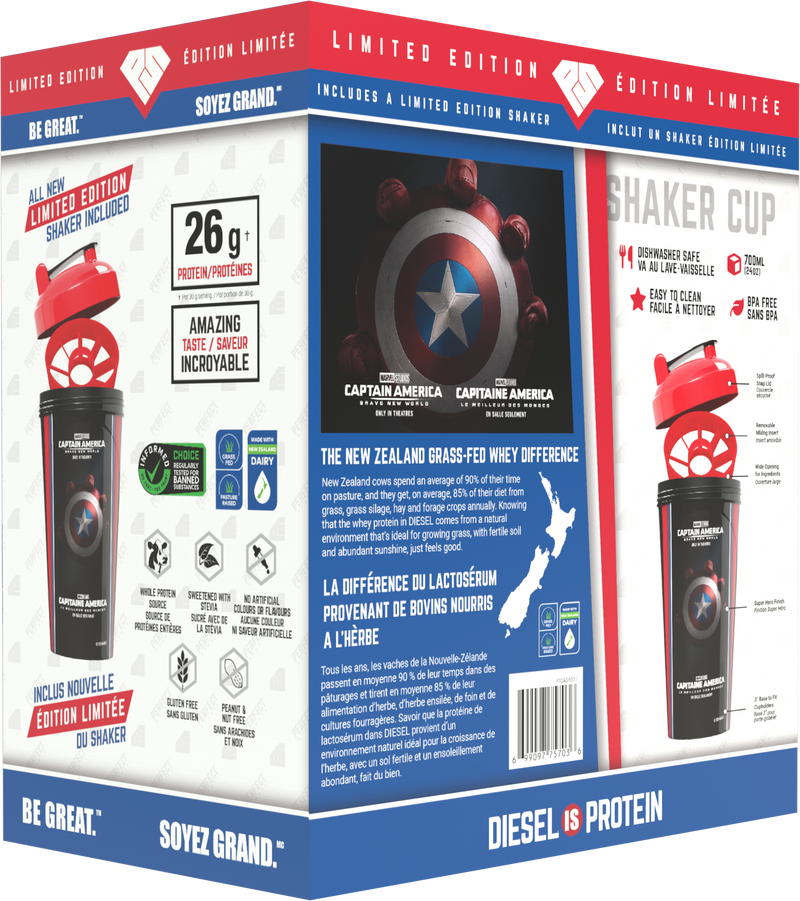 Perfect Sports Captain America Chocolate Diesel 2LB + Captain America 700ml Shaker Black with Red Lid Box Set - - Protein Powder