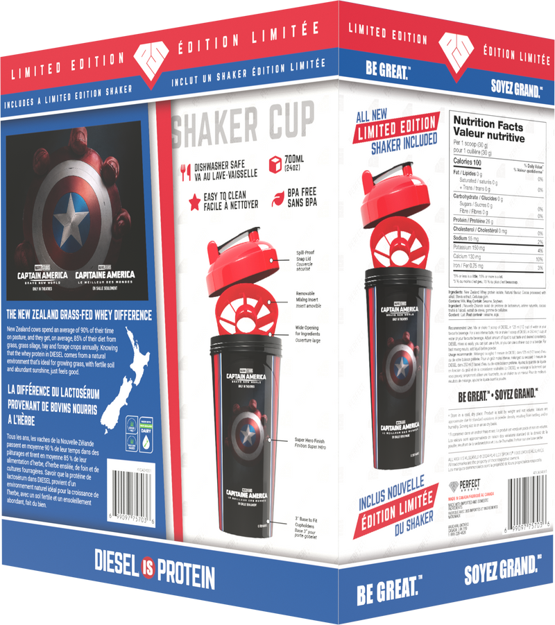 Perfect Sports Captain America Chocolate Diesel 2LB + Captain America 700ml Shaker Black with Red Lid Box Set - - Protein Powder