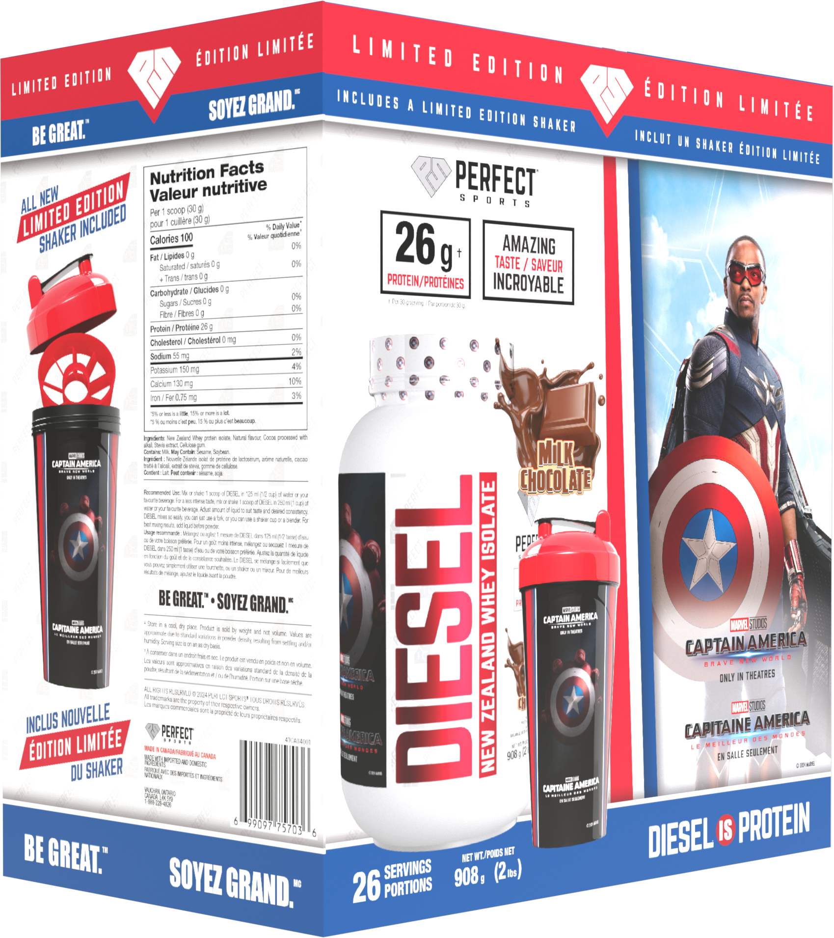 Perfect Sports Captain America Chocolate Diesel 2LB + Captain America 700ml Shaker Black with Red Lid Box Set - - Protein Powder