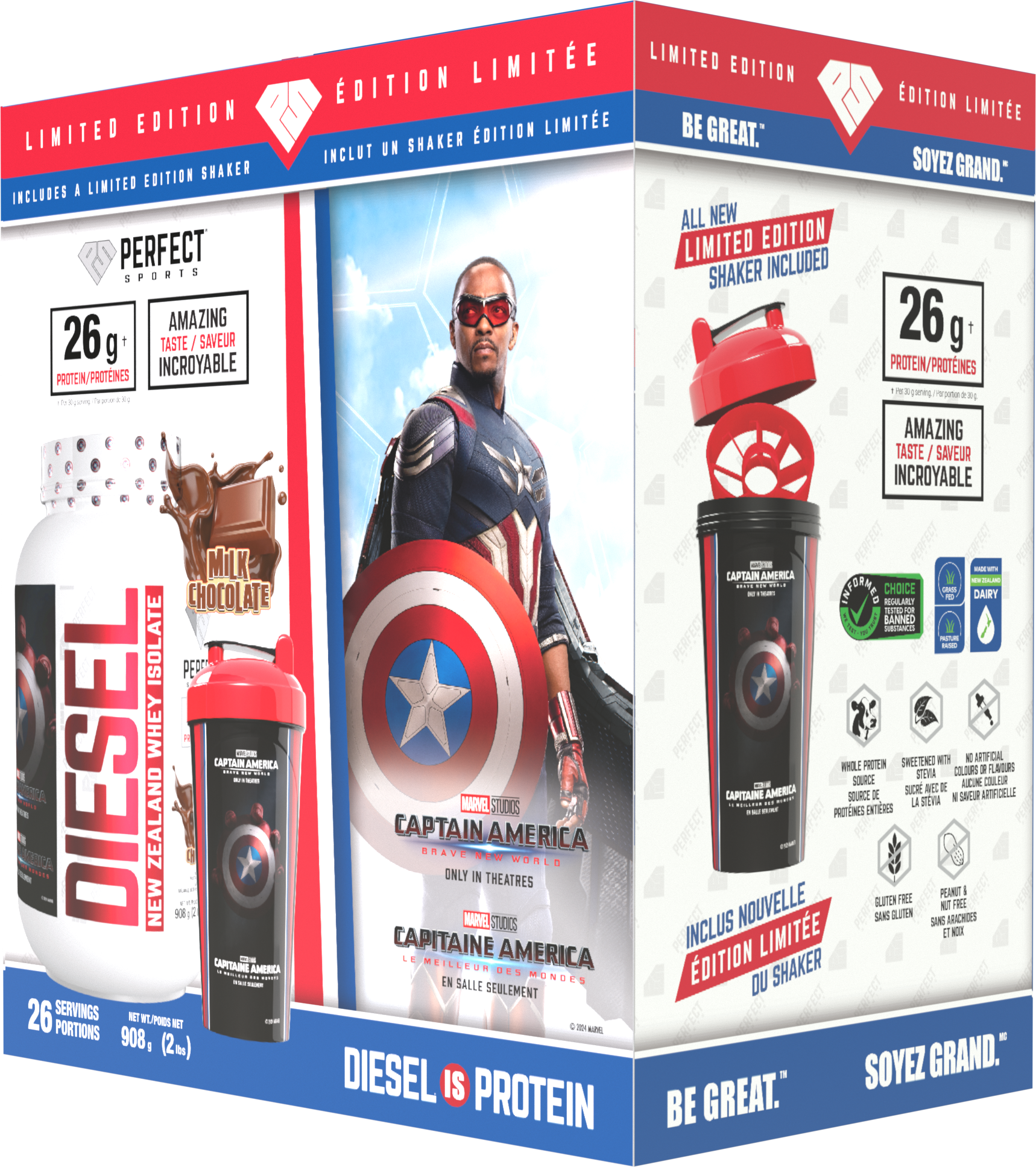 Perfect Sports Captain America Chocolate Diesel 2LB + Captain America 700ml Shaker Black with Red Lid Box Set - - Protein Powder