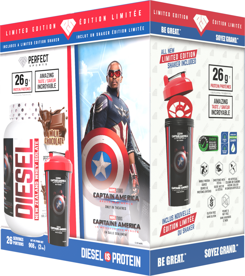 Perfect Sports Captain America Chocolate Diesel 2LB + Captain America 700ml Shaker Black with Red Lid Box Set - - Protein Powder