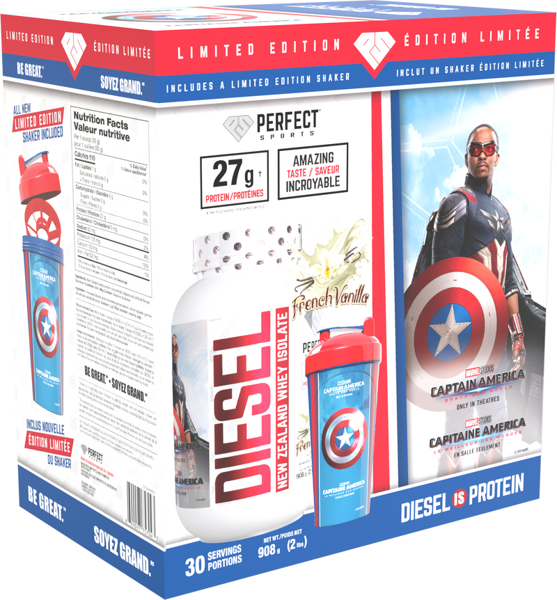 Perfect Sports Captain America Vanilla Diesel 2LB + Captain America 700ml Shaker Blue with Red Lid Box Set - - Protein Powder