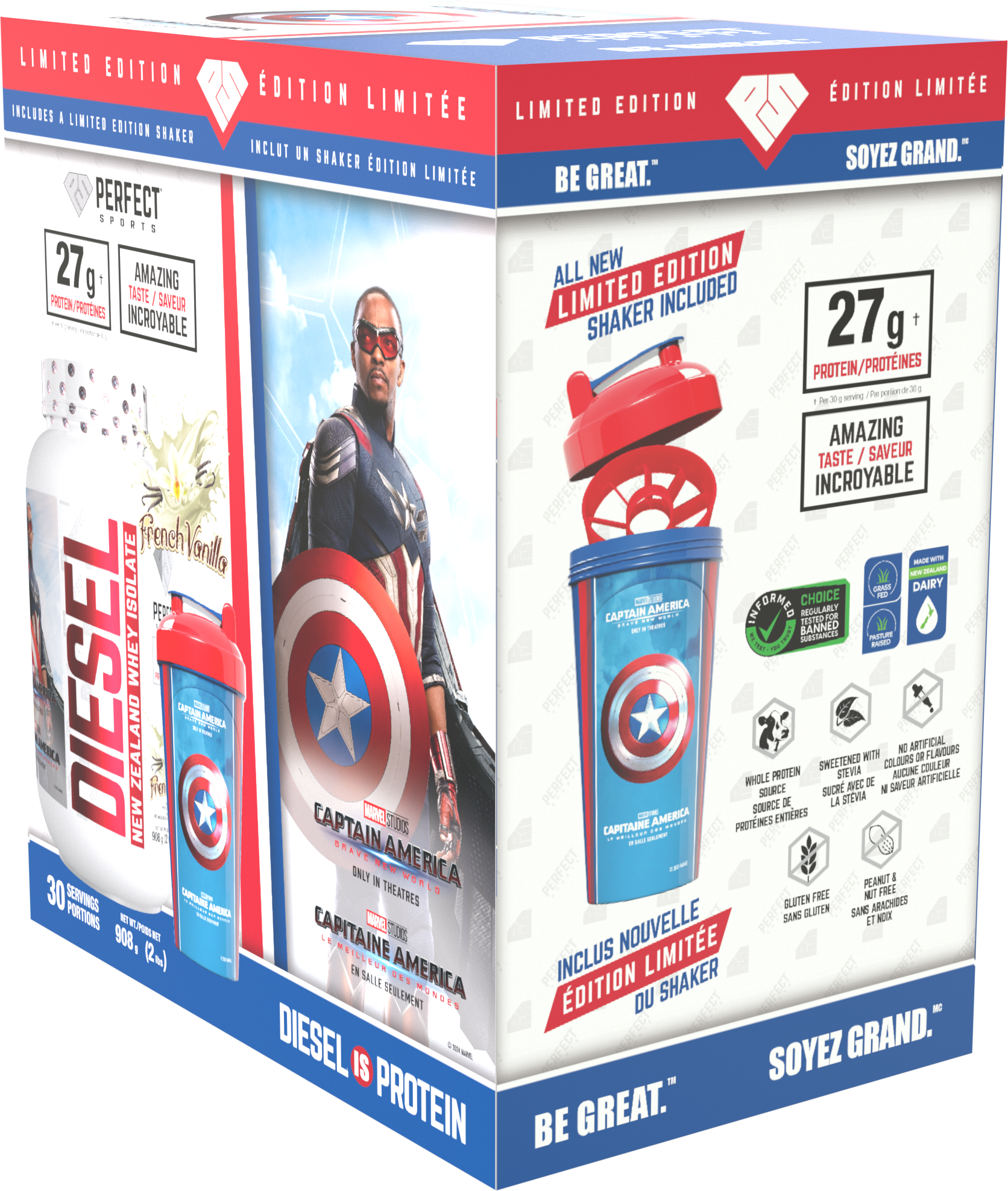 Perfect Sports Captain America Vanilla Diesel 2LB + Captain America 700ml Shaker Blue with Red Lid Box Set - - Protein Powder