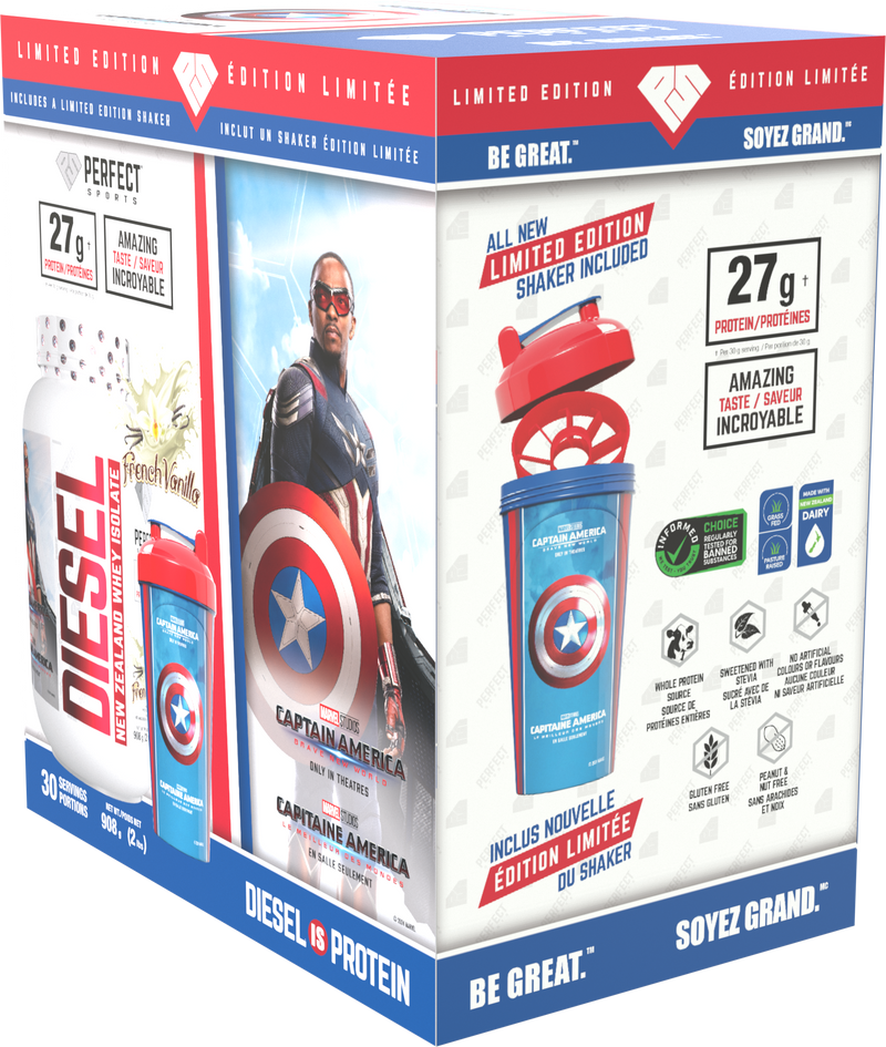 Perfect Sports Captain America Vanilla Diesel 2LB + Captain America 700ml Shaker Blue with Red Lid Box Set - - Protein Powder