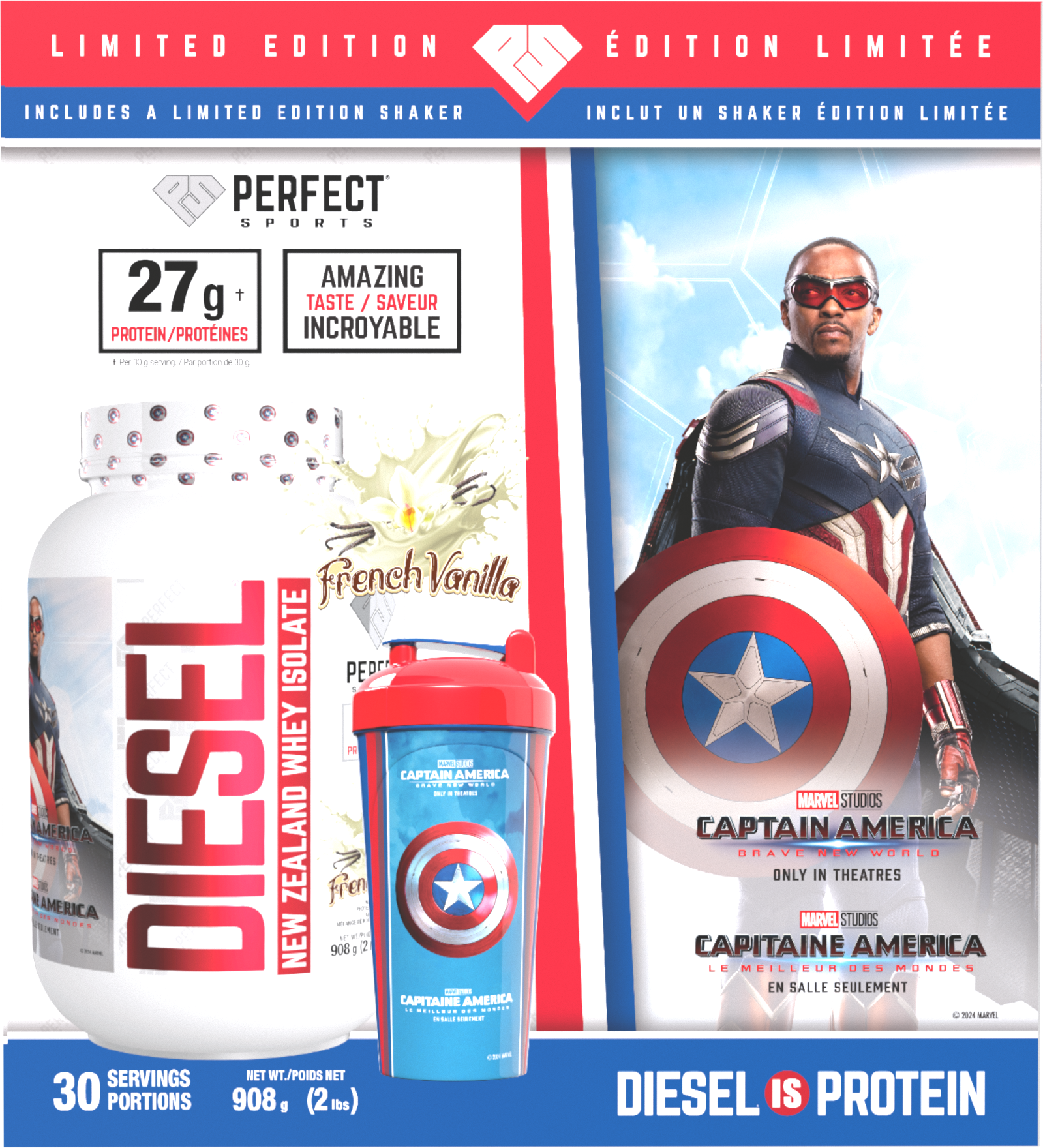 Perfect Sports Captain America Vanilla Diesel 2LB + Captain America 700ml Shaker Blue with Red Lid Box Set - - Protein Powder