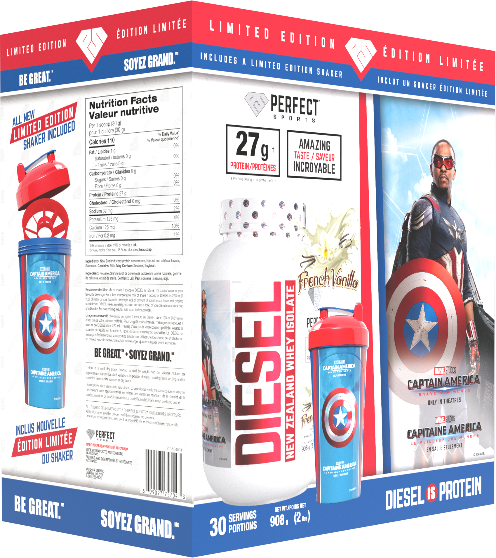 Perfect Sports Captain America Vanilla Diesel 2LB + Captain America 700ml Shaker Blue with Red Lid Box Set - - Protein Powder