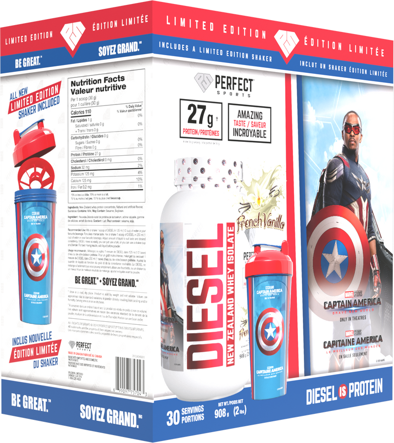 Perfect Sports Captain America Vanilla Diesel 2LB + Captain America 700ml Shaker Blue with Red Lid Box Set - - Protein Powder