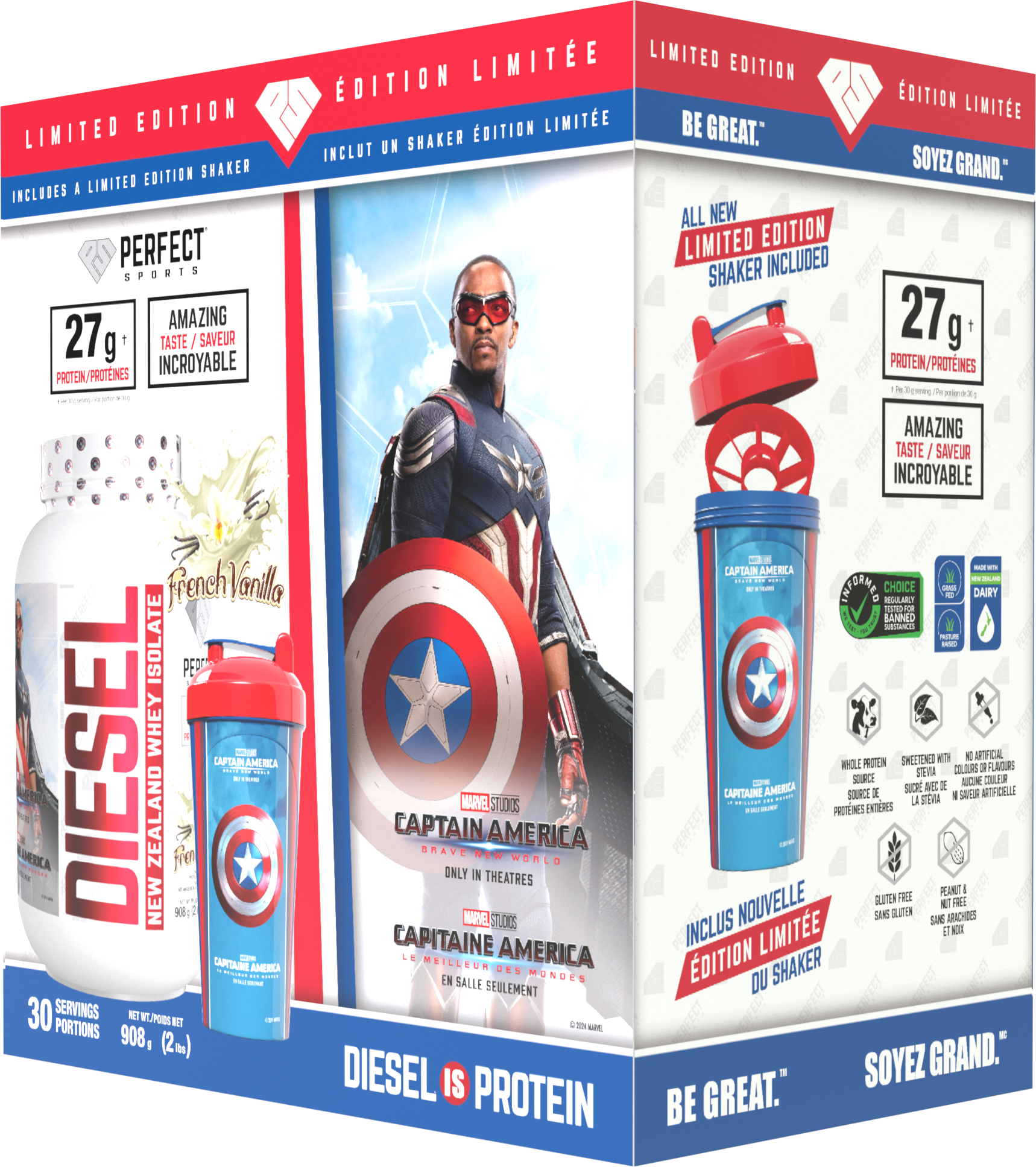 Perfect Sports Captain America Vanilla Diesel 2LB + Captain America 700ml Shaker Blue with Red Lid Box Set - - Protein Powder