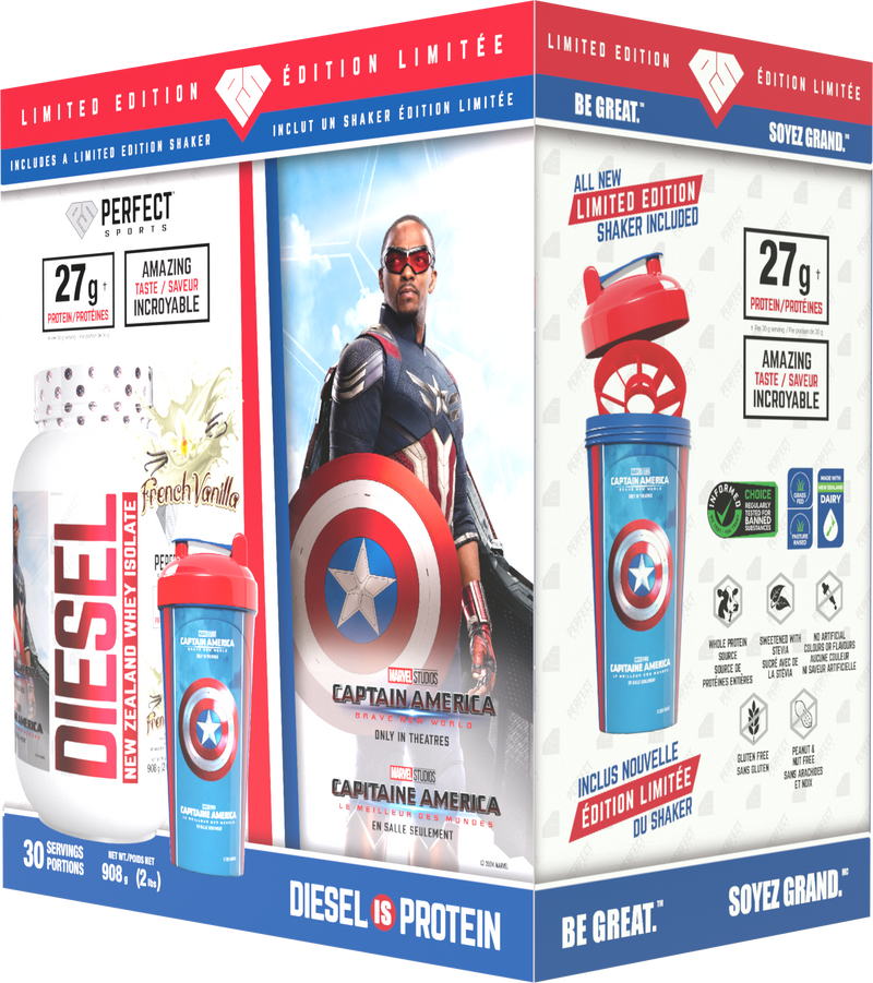 Perfect Sports Captain America Vanilla Diesel 2LB + Captain America 700ml Shaker Blue with Red Lid Box Set - - Protein Powder