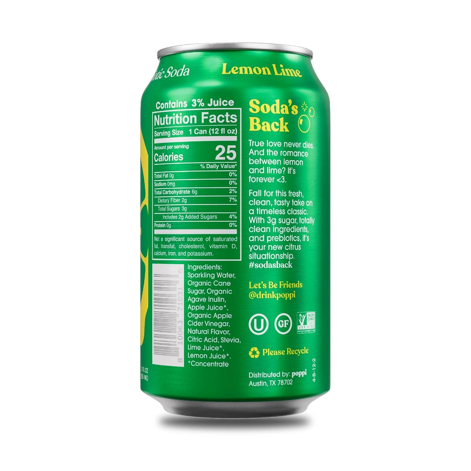 Poppi Prebiotic Soda Sparkling Drinks - Lemon Lime Single can - Water