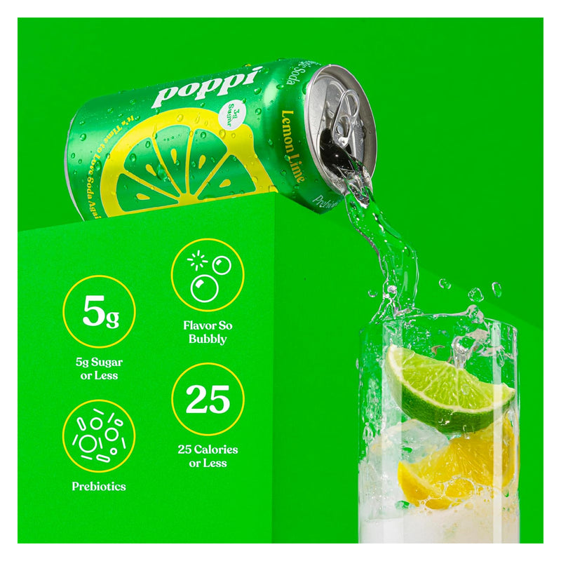 Poppi Prebiotic Soda Sparkling Drinks - Lemon Lime Single can - Water