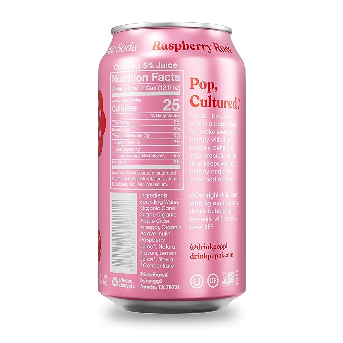 Poppi Prebiotic Soda Sparkling Drinks Raspberry Rose / 12 fl. oz, Nutrition Facts