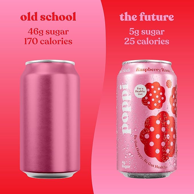 Poppi Prebiotic Soda Sparkling Drinks Raspberry Rose / 12 fl. oz, Old School vs The Future