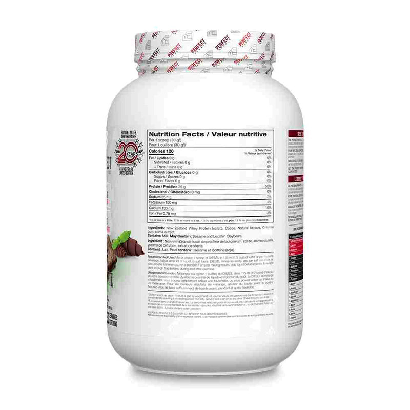Perfect Sports DIESEL New Zealand Whey Protein Isolate Chocolate Mint / 5lb, Nutrition Facts, SNS Health, Protein Powder