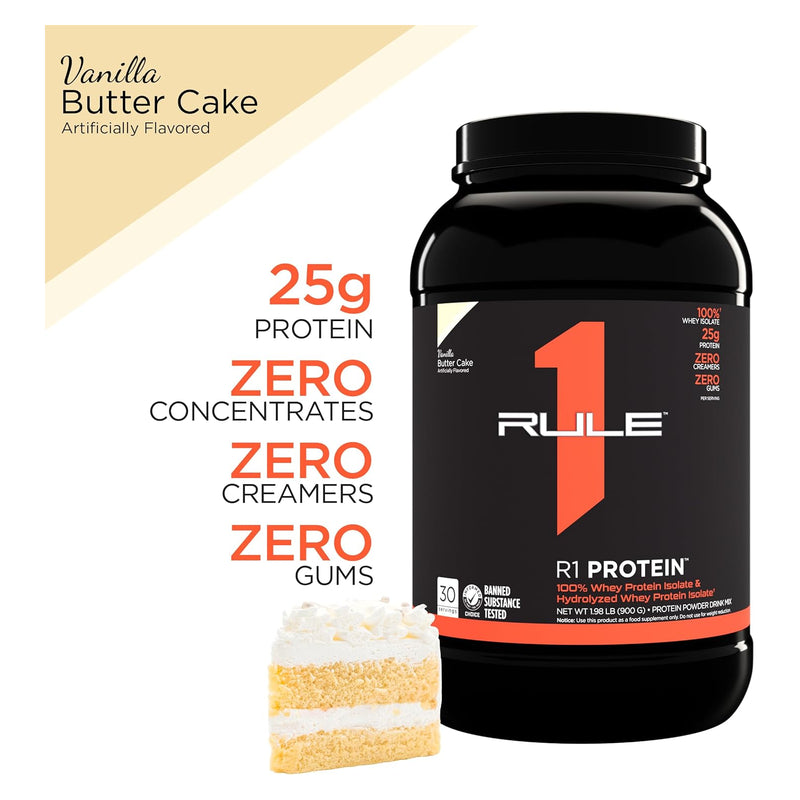 Rule 1 R1 Protein Whey Protein Isolate Vanilla Butter Cake / 2lbs, Highlights