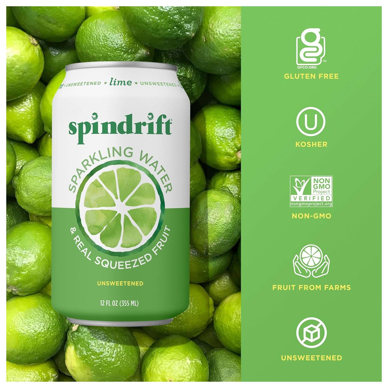 Spindrift Sparkling Water & Real Squeezed Fruit Unsweetened Lime / 355ml / -