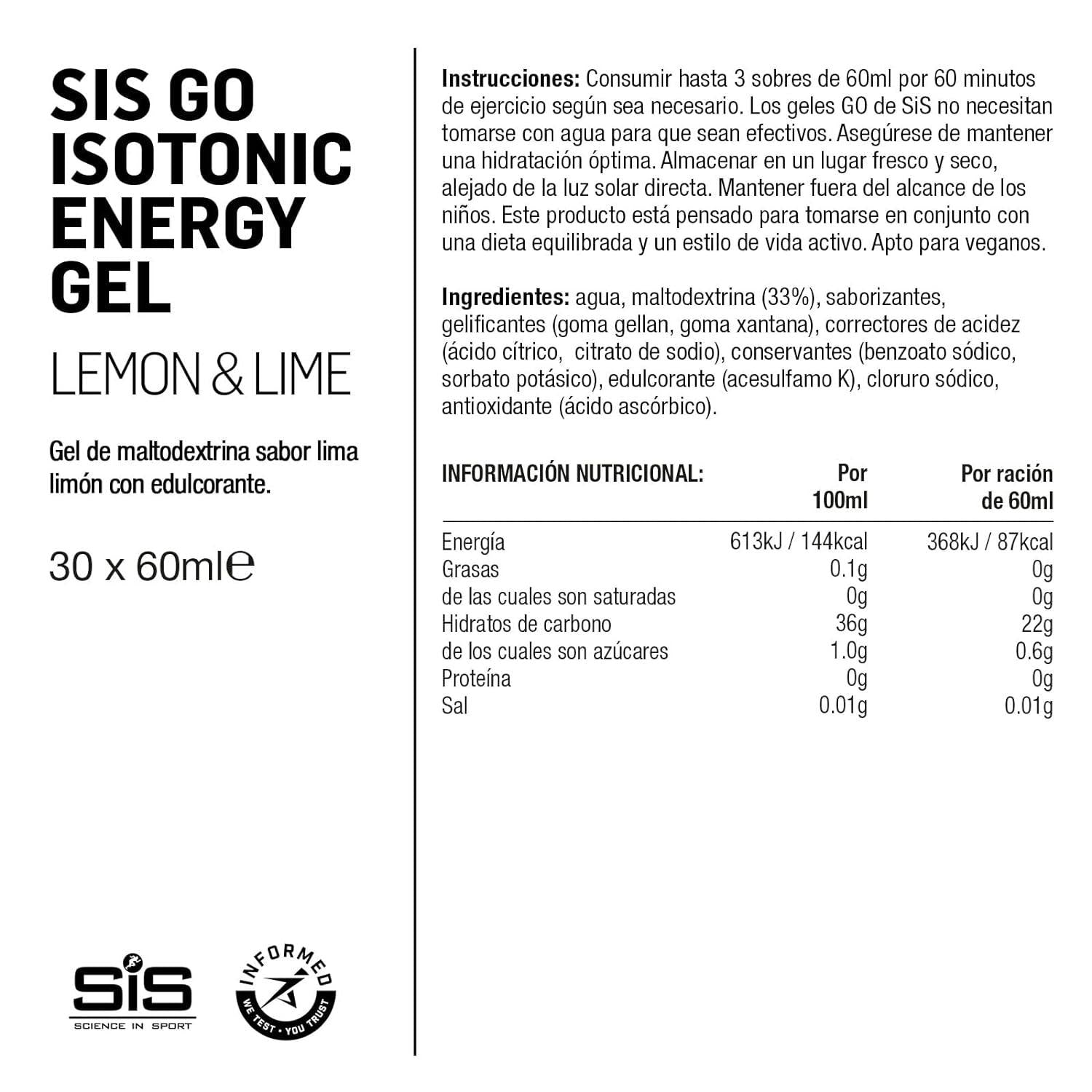 Science In Sport Go Isotonic Energy Gel Lemon Lime / 30X60ml