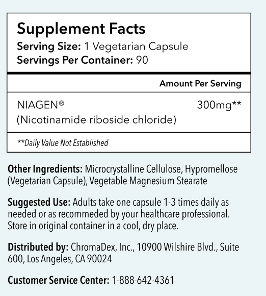Tru Niagen 300mg, 90 Veg Caps, Supplement Facts, SNS Health