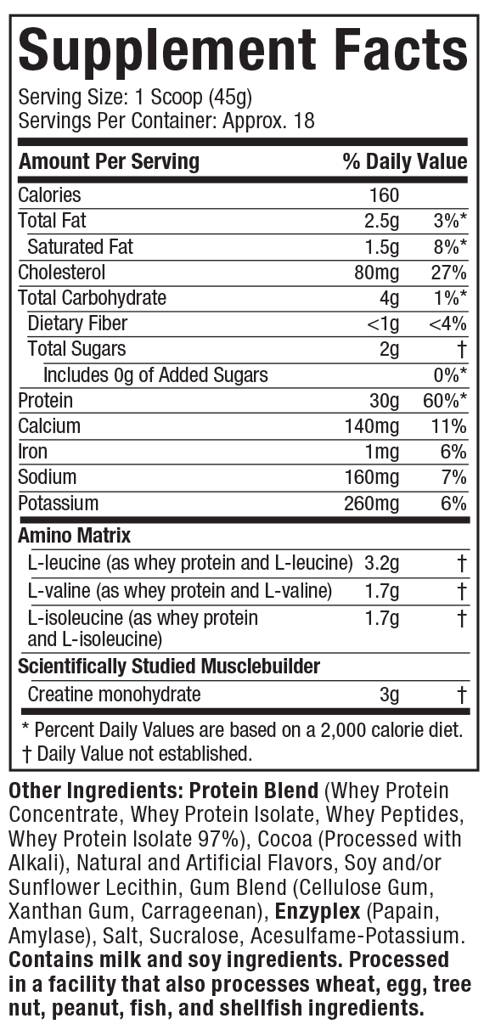 MuscleTech Platinum Whey + Muscle Builder, Milk Chocolate, 1.8lbs / Supplement Facts