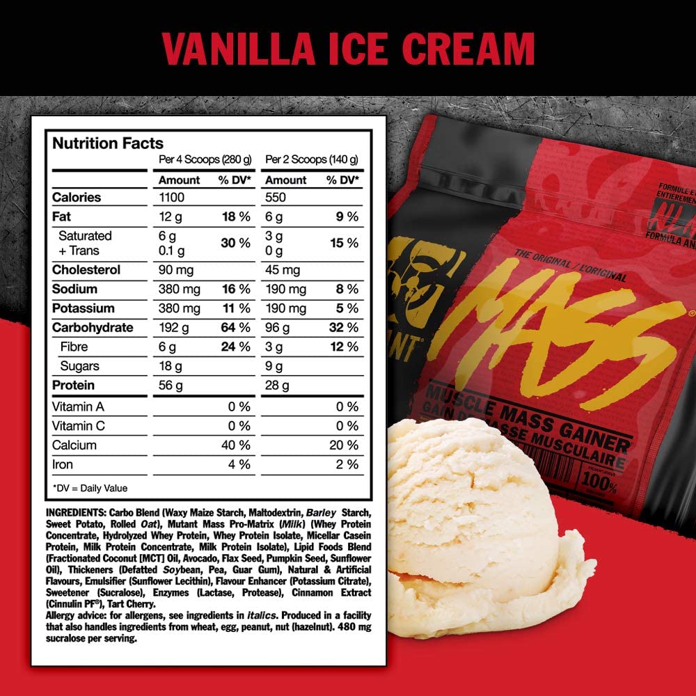 Mutant Mass Vanilla Ice Cream / 15 lbs, 6.8kg, Nutrition Facts, SNS Health, Mass Gainers
