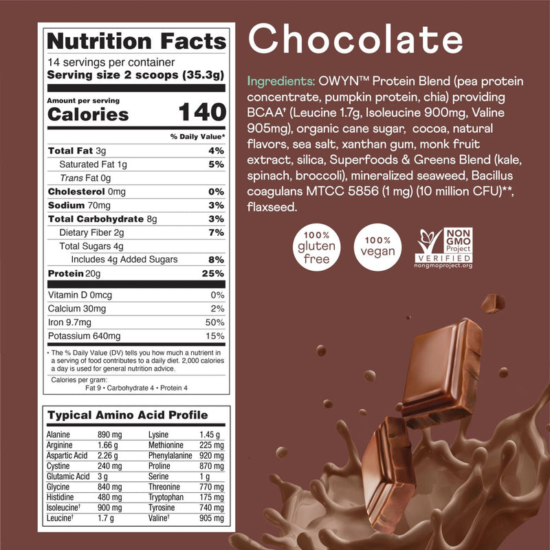 OWYN Protein Powder, Dark Chocolate, 1.1lb, Nutrition Facts