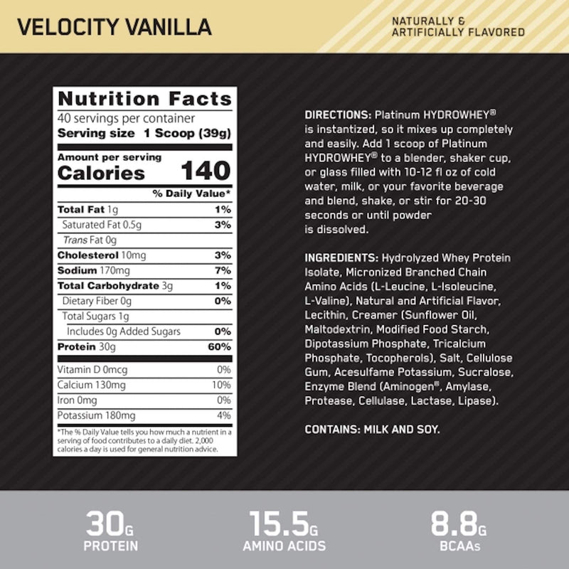 Platinum Hydrowhey 3.5lbs / Turbo Velocity Vanilla, Nutrition facts, SNS Health, Protein powder