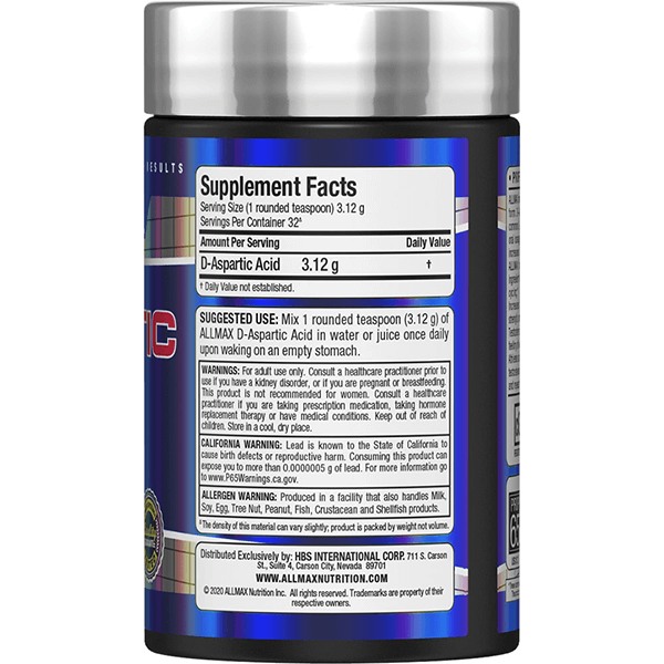 ALLMAX D-ASPARTIC ACID 100g, Supplement Facts, SNS Health, Testosterone Support
