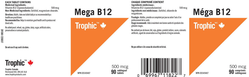 Mega B12 500mcg (Yeast Free) 90 Sublingual Tablets