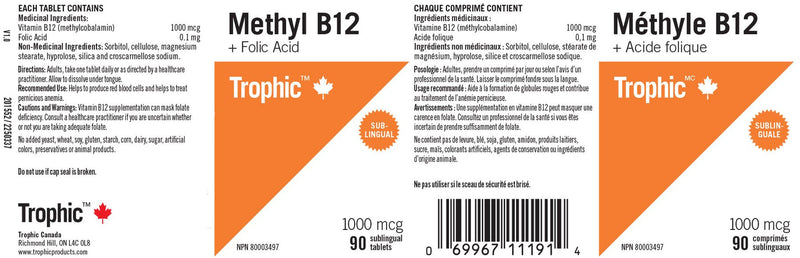 Methyl B12 + Folic Acid 1000mcg 90 Sublingual Tablets