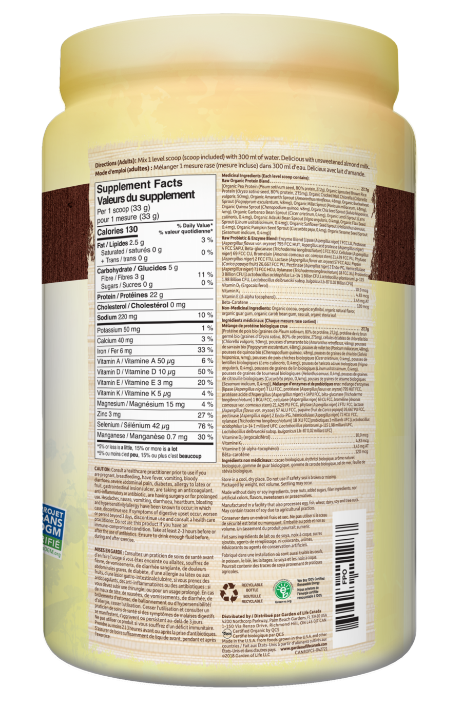 Garden of Life Raw Organic Protein 660g (1lb 7.28 Oz) / Chocolate Flavor, Supplement Facts