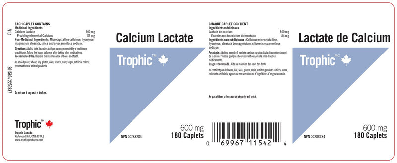 Calcium Lactate 600mg 180 Caplets