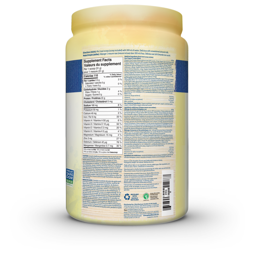 Garden of Life Raw Organic Protein 620g (1lb 5.86 Oz) / Vanilla Flavor, Supplement Facts