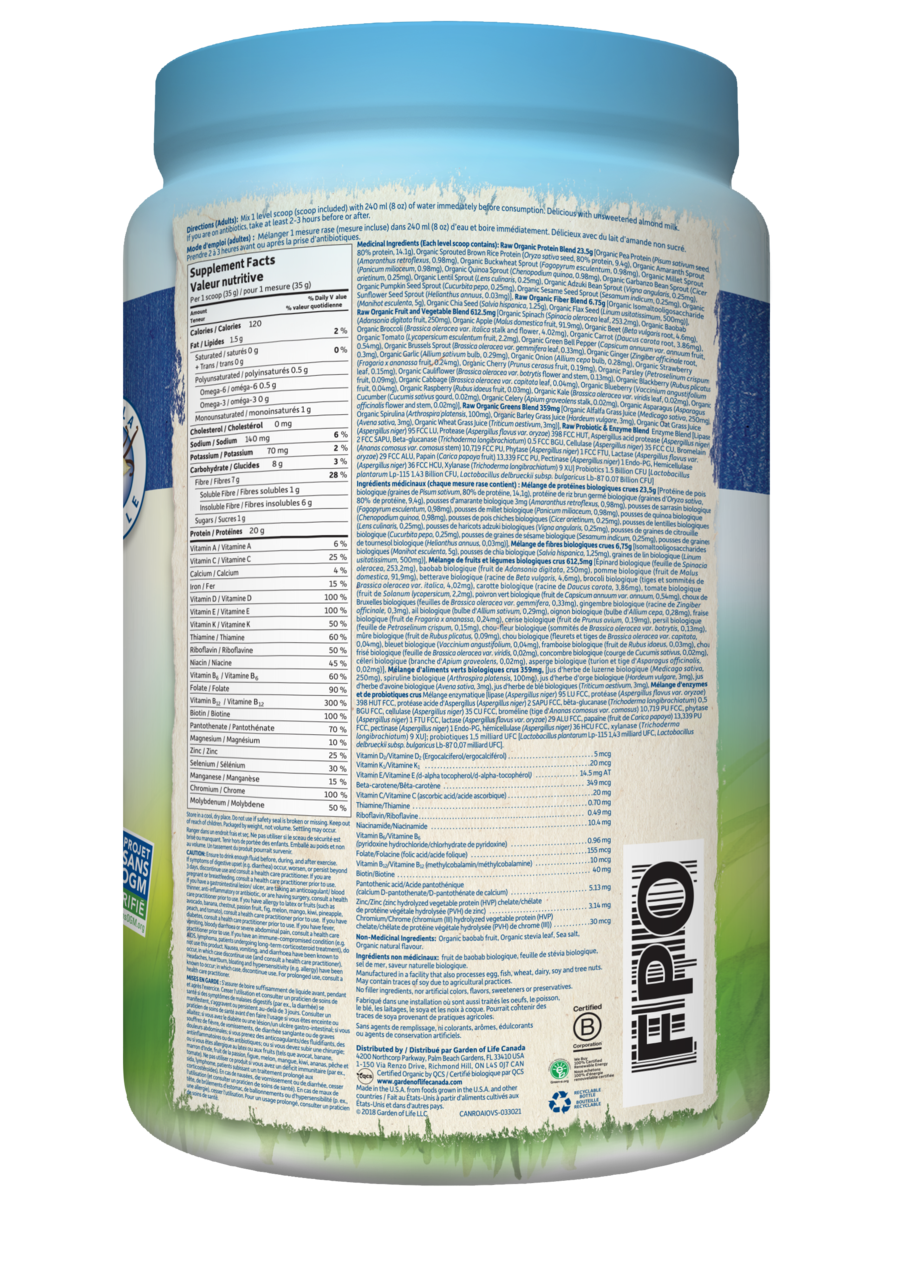 Garden of Life Raw Organic All-In-One Nutritional Shake, 28 Servings / Vanilla, Nutrition Facts