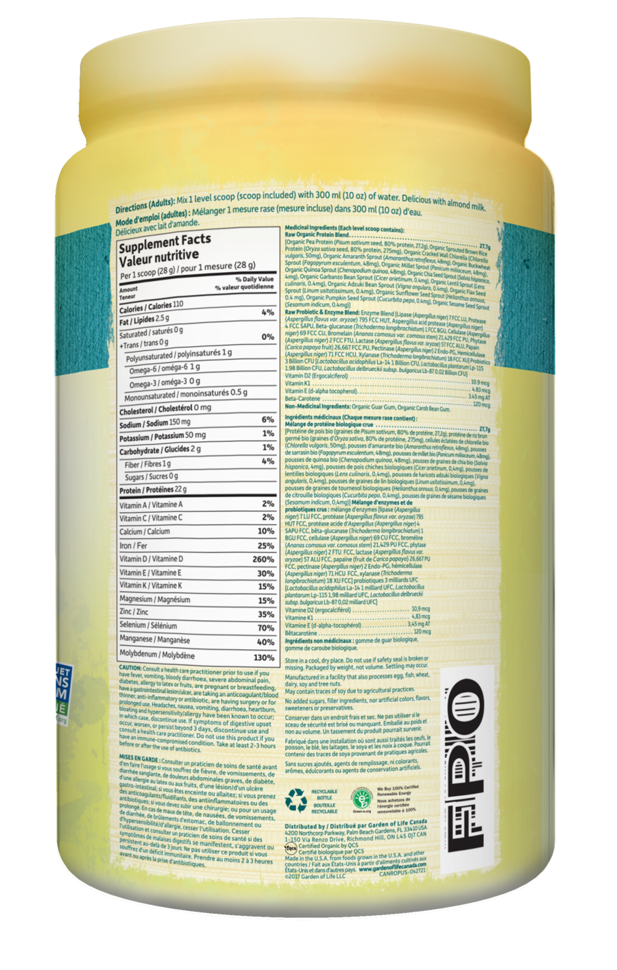 Garden of Life Raw Organic Protein 568g (1lb 4 Oz) / Unflavored, Supplement Facts