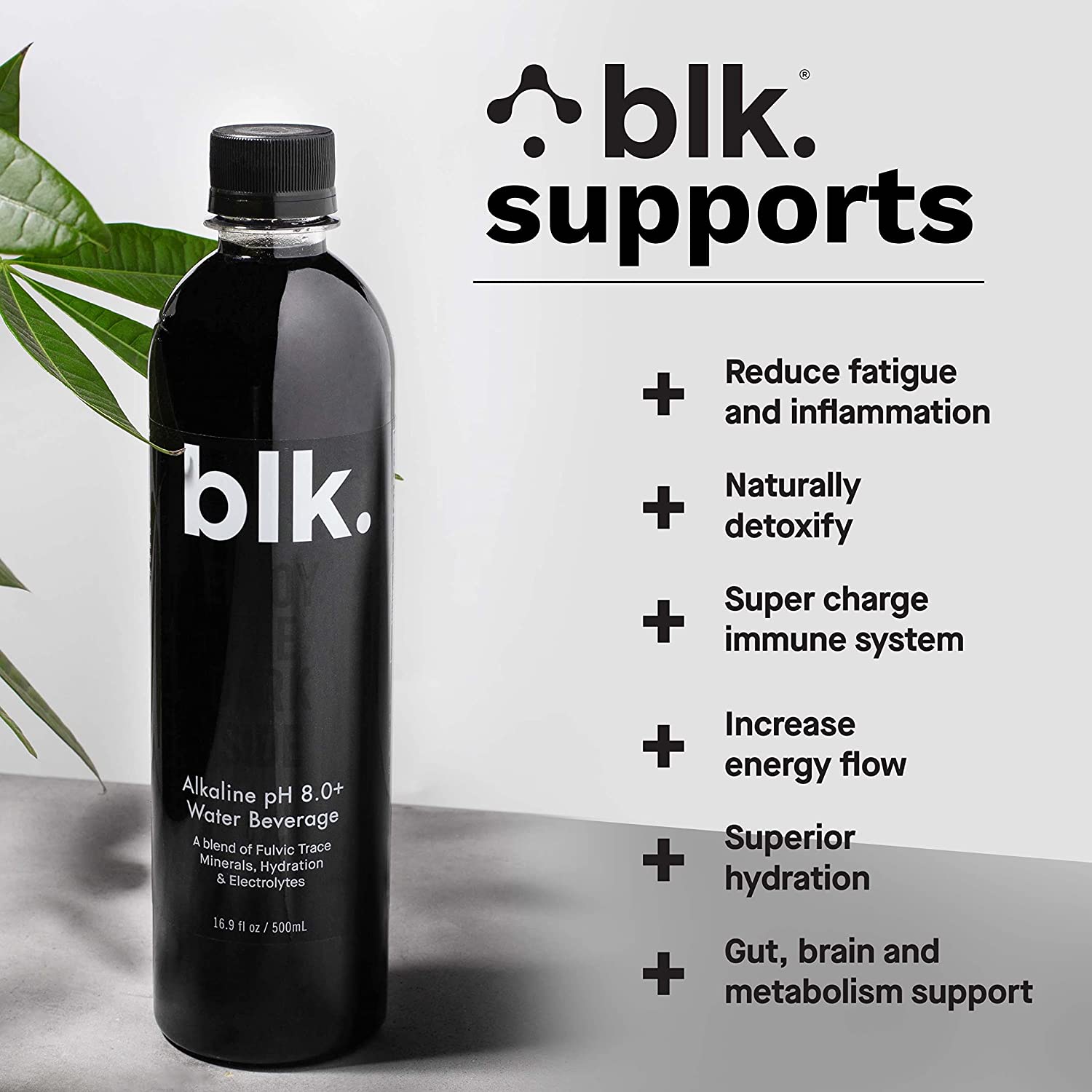 Blk water (Black Alkaline water), 12 x 500ml bottles, BLK. Supports, Water beverages, SNS Health