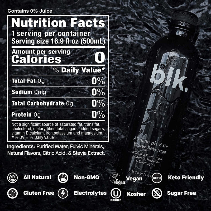 Blk water (Black Alkaline water), 12 x 500ml bottles, Nutrition facts, Water beverages, SNS Health
