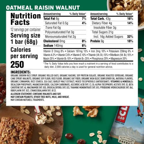 ENERGY BARS (70% organic) Oatmeal Raisin Walnut / 12x68g