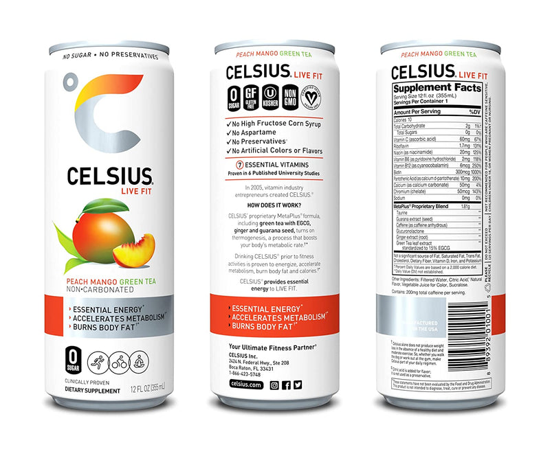 Celsius Live Fit Non-Carbonated Peach Mango Green Tea / Pack of 12