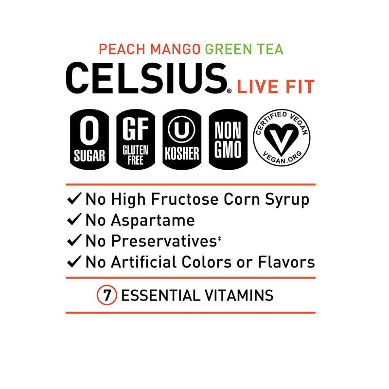 Celsius Live Fit Non-Carbonated Peach Mango Green Tea / Pack of 12