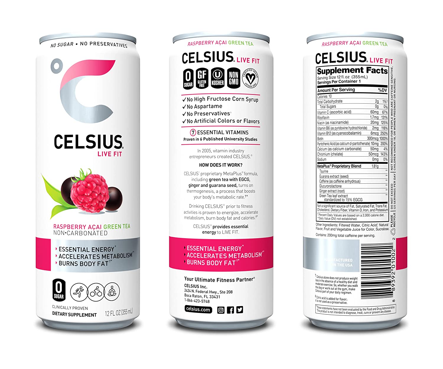 Celsius Live Fit Non-Carbonated Raspberry Acai Green Tea / Pack of 12