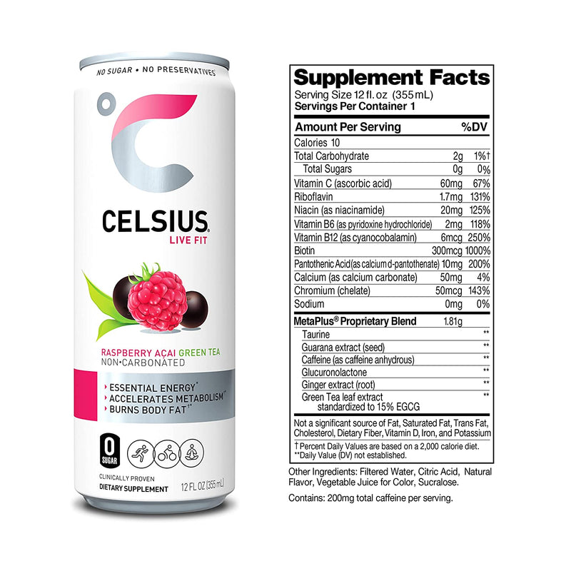 Celsius Live Fit Non-Carbonated Raspberry Acai Green Tea / Pack of 12