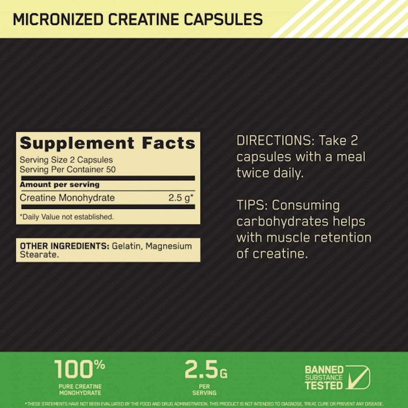 Optimum Nutrition Micronized Creatine Capsules, 100 Caps, Supplement Facts, SNS Health, Sports Nutrition